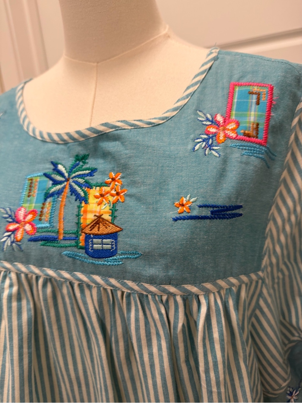Bechamel Blue Stripe Patio Dress with Tropical Embroidery - Picture 4 of 10